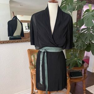 Free People, black, pleated, sheer, bell sleeve, wrap dress, w/teal suede wrap
